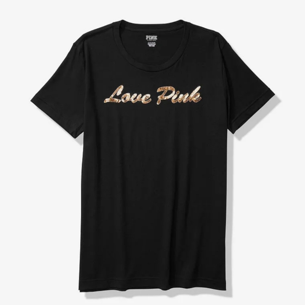 Victoria's Secret PINK Campus Short Sleeve Bling  Black Tee Shirt Size Small